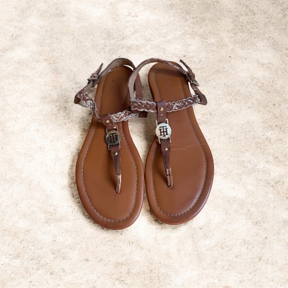 Tommy Hilfiger Brown Braided T-Strap Sandals with Logo Accent